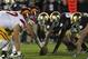 SOUTH BEND, IN - OCTOBER 22: Members of the Notre Dame Fighting Irish defense line up against the offense of the University of Southern California Trojans at Notre Dame Stadium on October 22, 2011 in South Bend, Indiana. USC defeated Notre Dame 31-17. (Photo by Jonathan Daniel/Getty Images)