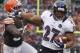 CLEVELAND, OH - NOVEMBER 04: Running back Ray Rice #27 of the Baltimore Ravens runs the ball by linebacker James-Michael Johnson #50 of the Cleveland Browns at Cleveland Browns Stadium on November 4, 2012 in Cleveland, Ohio. (Photo by Matt Sullivan/Getty Images)