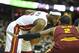 Feb 17, 2012; Cleveland, OH, USA; Miami Heat small forward LeBron James (6) holds the ball in front of Cleveland Cavaliers point guard Kyrie Irving (2) in the third quarte at Quicken Loans Arena. Mandatory Credit: David Richard-US PRESSWIRE
