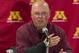 Oct 20, 2012; Madison, WI, USA; Minnesota Golden Gophers head coach Jerry Kill answers questions during the post game press conference following the game against the Wisconsin Badgers at Camp Randall Stadium. Wisconsin defeated Minnesota 38-13. Mandatory Credit: Jeff Hanisch-US PRESSWIRE