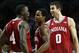 Nov. 20, 2012; Brooklyn, NY, USA; Indiana Hoosiers guard Victor Oladipo (4), guard Kevin Ferrell (11) and forward Will Sheehey (0) celebrate on the court against the Georgetown Hoyas during the second half at the Legends Classic Championship at Barclays Center. Indiana won 82-72. Mandatory Credit: Debby Wong-US PRESSWIRE