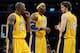 LOS ANGELES, CA - NOVEMBER 13: Pau Gasol #16 of the Los Angeles Lakers talks to Dwight Howard #12 and Kobe Bryant #24 during the game against the San Antonio Spurs at Staples Center on November 13, 2012 in Los Angeles, California. The Spurs would win 84-82. NOTE TO USER: User expressly acknowledges and agrees that, by downloading and or using this photograph, User is consenting to the terms and conditions of the Getty Images License Agreement. (Photo by Harry How/Getty Images)