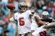CHARLOTTE, NC - NOVEMBER 18: Josh Freeman #5 of the Tampa Bay Buccaneers drops back to pass against the Carolina Panthers during their game at Bank of America Stadium on November 18, 2012 in Charlotte, North Carolina. (Photo by Streeter Lecka/Getty Images)