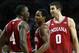 Nov. 20, 2012; Brooklyn, NY, USA; Indiana Hoosiers guard Victor Oladipo (4), guard Kevin Ferrell (11) and forward Will Sheehey (0) celebrate on the court against the Georgetown Hoyas during the second half at the Legends Classic Championship at Barclays Center. Indiana won 82-72. Mandatory Credit: Debby Wong-US PRESSWIRE