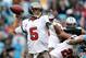 CHARLOTTE, NC - NOVEMBER 18: Josh Freeman #5 of the Tampa Bay Buccaneers drops back to pass against the Carolina Panthers during their game at Bank of America Stadium on November 18, 2012 in Charlotte, North Carolina. (Photo by Streeter Lecka/Getty Images)