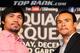 BEVERLY HILLS, CA - SEPTEMBER 17: (L-R) Manny Pacquiao and Juan Manuel Marquez stand onstage to face the media cameras during the Manny Pacquiao v Juan Manuel Marquez - Press Conference at Beverly Hills Hotel on September 17, 2012 in Beverly Hills, California. (Photo by Victor Decolongon/Getty Images)