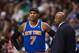 Nov 05, 2012; Philadelphia, PA, USA; New York Knicks head coach Mike Woodson talks with forward Carmelo Anthony (7) during the third quarter against the Philadelphia 76ers at the Wachovia Center. The Knicks defeated the Sixers 110-88. Mandatory Credit: Howard Smith-US PRESSWIRE