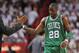 June 5, 2012; Miami, FL, USA; Boston Celtics small forward Mickael Pietrus (28) reacts after a play during the first half in game five of the Eastern Conference finals of the 2012 NBA playoffs against the Miami Heat at American Airlines Arena. Mandatory Credit: Steve Mitchell-US PRESSWIRE
