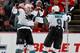 DETROIT, MI - OCTOBER 28: Ryane Clowe #29 of the San Jose Sharks celebrates his second-period goal with teammate Martin Havlat #9 while playing the Detroit Red Wings at Joe Louis Arena on October 28, 2011 in Detroit, Michigan. (Photo by Gregory Shamus/Getty Images)