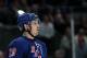 NEW YORK, NY - MAY 16: Chris Kreider #20 of the New York Rangers looks on in Game Two of the Eastern Conference Final against the New Jersey Devils during the 2012 NHL Stanley Cup Playoffs at Madison Square Garden on May 16, 2012 in New York City. (Photo by Bruce Bennett/Getty Images)
