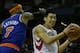 HOUSTON, TX - NOVEMBER 23: Jeremy Lin #7 of the Houston Rockets drives past Carmelo Anthony #7 of the New York Knicks at the Toyota Center on November 23, 2012 in Houston, Texas. NOTE TO USER: User expressly acknowledges and agrees that, bagainst the Newy downloading and or using this photograph, User is consenting to the terms and conditions of the Getty Images License Agreement. (Photo by Scott Halleran/Getty Images)