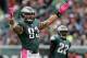 PHILADELPHIA, PA - OCTOBER 2: Defensive end Jason Babin #93 of the Philadelphia Eagles raises his arms to get the crowd going against the San Francisco 49ers during an NFL football game at Lincoln Financial Field on October 2, 2011 in Philadelphia, Pennsylvania. The 49ers defeated the Eagles 24-23. (Photo by Rich Schultz /Getty Images)