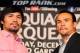 BEVERLY HILLS, CA - SEPTEMBER 17: (L-R) Manny Pacquiao and Juan Manuel Marquez stand onstage to face the media cameras during the Manny Pacquiao v Juan Manuel Marquez - Press Conference at Beverly Hills Hotel on September 17, 2012 in Beverly Hills, California. (Photo by Victor Decolongon/Getty Images)