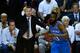 MIAMI, FL - JUNE 17: Scott Brooks of the Oklahoma City Thunder reacts as James Harden #13 looks to get back in position in the first quarter against the Miami Heat in Game Three of the 2012 NBA Finals on June 17, 2012 at American Airlines Arena in Miami, Florida. NOTE TO USER: User expressly acknowledges and agrees that, by downloading and or using this photograph, User is consenting to the terms and conditions of the Getty Images License Agreement. (Photo by Ronald Martinez/Getty Images)