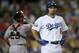 LOS ANGELES, CA - OCTOBER 02: Shane Victorino #8 of the Los Angeles Dodgers reacts after what he though was ball four was ruled a swing for a strike out in the third inning against the San Francisco Giants on October 2, 2012 at Dodger Stadium in Los Angeles, California. (Photo by Stephen Dunn/Getty Images)
