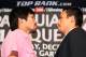 BEVERLY HILLS, CA - SEPTEMBER 17: (L-R) Manny Pacquiao and Juan Manuel Marquez stand face-to-face onstage in front of the media cameras during the Manny Pacquiao v Juan Manuel Marquez - Press Conference at Beverly Hills Hotel on September 17, 2012 in Beverly Hills, California. (Photo by Victor Decolongon/Getty Images)