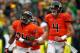 CORVALLIS, OR - NOVEMBER 24: Storm Woods #24 of the Oregon State Beavers celebrates a touchdown run with Sean Manion #4 against the Oregon Ducks during the 116th Civil War on November 24, 2012 at the Reser Stadium in Corvallis, Oregon. (Photo by Jonathan Ferrey/Getty Images)