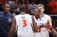 CHAMPAIGN, IL - JANUARY 10: Brandon Paul #3 and D.J. Richardson #1 of the Illinois Fighting Illini celebrate during the game against the Ohio State Buckeyes at Assembly Hall on January 10, 2012 in Champaign, Illinois. The Illini defeated the Buckeyes 79-74 as Paul scored 43 points. (Photo by Joe Robbins/Getty Images)