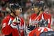 November 8, 2011; Washington, DC, USA; Washington Capitals left wing Alex Ovechkin (8) talks with Capitals center Nicklas Backstrom (19) and Capitals left wing Alexander Semin (28) during a stoppage in play against the Dallas Stars in the second period at Verizon Center. The Stars won 5-2. Mandatory Credit: Geoff Burke-US PRESSWIRE