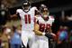 NEW ORLEANS, LA - NOVEMBER 11: Tony Gonzalez #88 celebrates after scoring a touchdown with Julio Jones #11 of the Atlanta Falcons against the New Orleans Saints at The Mercedes-Benz Superdome on November 11, 2012 in New Orleans, Louisiana. (Photo by Chris Graythen/Getty Images)