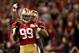 November 19, 2012; San Francisco, CA, USA; San Francisco 49ers outside linebacker Aldon Smith (99) is congratulated by outside linebacker Ahmad Brooks (55) after recording a sack against the Chicago Bears in the third quarter at Candlestick Park. The 49ers defeated the Bears 32-7. Mandatory Credit: Cary Edmondson-US PRESSWIRE