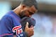 July 27, 2012; Minneapolis, MN, USA: Minnesota Twins center fielder Denard Span (2) shuts his eyes during the national anthem before a game against the Cleveland Indians at Target Field. Mandatory Credit: Jesse Johnson-US PRESSWIRE