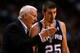 San Antonio Spurs head coach Gregg Popovich instructs guard Nando De Colo, who scored a career-high 15 points vs. the Miami Heat.