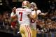 NEW ORLEANS, LA - NOVEMBER 25: Quarterback Colin Kaepernick #7 of the San Francisco 49ers celebrates after scoring a touchdown against the New Orleans Saints at The Mercedes-Benz Superdome on November 25, 2012 in New Orleans, Louisiana. (Photo by Chris Graythen/Getty Images)