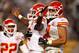 PITTSBURGH, PA - NOVEMBER 12: Jamaal Charles (C) #25 of the Kansas City Chiefs celebrates with Dexter McCluster #22 and Tony Moeaki #81 (R) after Charles scored a 12-yard rushing touchdown in the first quarter against the Pittsburgh Steelers at Heinz Field on November 12, 2012 in Pittsburgh, Pennsylvania. (Photo by Gregory Shamus/Getty Images)