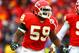 KANSAS CITY, MO - JANUARY 09: Linebacker Jovan Belcher #59 of the Kansas City Chiefs celebrates a sack of quarterback Joe Flacco #5 of the Baltimore Ravens during their 2011 AFC wild card playoff game at Arrowhead Stadium on January 9, 2011 in Kansas City, Missouri. (Photo by Dilip Vishwanat/Getty Images)