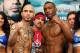 NEW YORK, NY - NOVEMBER 30: Miguel Cotto and Austin Trout pose after the weigh in before the fight for Trout's Super Welterweight Title at Affinia Hotel on November 30, 2012 in New York City. (Photo by Elsa/Getty Images)