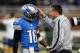 Nov 18, 2012; Detroit, MI, USA; Detroit Lions head coach Jim Schwartz and wide receiver Titus Young (16) chat before the game between the Detroit Lions and Green Bay Packers at Ford Field. Mandatory Credit: Raj Mehta-US PRESSWIRE