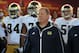 November 24, 2012; Los Angeles, CA, USA; Notre Dame Fighting Irish head coach Brian Kelly leads the team out the field before playing against the Southern California Trojans at the Los Angeles Memorial Coliseum. Mandatory Credit: Gary A. Vasquez-US PRESSWIRE