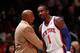 NEW YORK, NY - MAY 06: Amare Stoudemire #1 and head coach Mike Woodson of the New York Knicks talk on court against the Miami Heat in Game Four of the Eastern Conference Quarterfinals in the 2012 NBA Playoffs on May 6, 2012 at Madison Square Garden in New York City. NOTE TO USER: User expressly acknowledges and agrees that, by downloading and or using this photograph, User is consenting to the terms and conditions of the Getty Images License Agreement (Photo by Jeff Zelevansky/Getty Images)