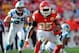 December 02, 2012; Kansas City, MO, USA; Kansas City Chiefs running back Jamaal Charles (25) runs the ball in the second half of the game against the Carolina Panthers at Arrowhead Stadium. Kansas City won 27-21. Mandatory Credit: Denny Medley-US PRESSWIRE