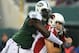EAST RUTHERFORD, NJ - DECEMBER 02: Ryan Lindley #14 of the Arizona Cardinals is sacked by Muhammad Wilkerson #96 of the New York Jets on December 2, 2012 at MetLife Stadium in East Rutherford, New Jersey. The New York Jets defeated the Arizona Cardinals 7-6. (Photo by Elsa/Getty Images)