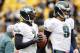 October 7, 2012; Pittsburgh, PA, USA; Philadelphia Eagles quarterbacks Michael Vick (7) and Nick Foles (9) prior to playing the Pittsburgh Steelers at Heinz Field. The Pittsburgh Steelers won 16-14. Mandatory Credit: Charles LeClaire-USA TODAY Sports