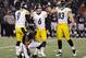 BALTIMORE, MD - DECEMBER 02: Kicker Shaun Suisham #6 (C) of the Pittsburgh Steelers celebrates in front of cornerback Asa Jackson #25 of the Baltimore Ravens with holder Drew Butler #9 and Heath Miller #83 after hitting the game winning field goal as time expired to give the Steelers a 23-20 win over the Ravens at M&T Bank Stadium on December 2, 2012 in Baltimore, Maryland. (Photo by Rob Carr/Getty Images)