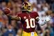 LANDOVER, MD - DECEMBER 03: Quarterback Robert Griffin III #10 of the Washington Redskins throws the ball in the first quarter while taking on the New York Giants at FedExField on December 3, 2012 in Landover, Maryland. (Photo by Rob Carr/Getty Images)