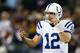 FOXBORO, MA - NOVEMBER 18: Andrew Luck #12 of the Indianapolis Colts signals behind center against the New England Patriots during the game on November 18, 2012 at Gillette Stadium in Foxboro, Massachusetts. (Photo by Jared Wickerham/Getty Images)