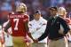 Oct 9, 2011; San Francisco, CA, USA; San Francisco 49ers head coach Jim Harbaugh congratulates quarterback Colin Kaepernick (7) after a touchdown against the Tampa Bay Buccaneers during the fourth quarter at Candlestick Park. San Francisco defeated Tampa Bay 48-3. Mandatory Credit: Jason O. Watson-USA TODAY Sports