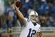 DETROIT, MI - DECEMBER 02: Andrew Luck #12 of the Indianapolis Colts warms up prior to the start of the game against the Detroit Lions at Ford Field on December 2, 2012 in Detroit, Michigan. (Photo by Leon Halip/Getty Images)
