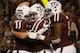 COLLEGE STATION, TX - NOVEMBER 24: Johnny Manziel #2 of the Texas A&M Aggies (C) celebrates a third quarter touchdown with teammates during their game against the Missouri Tigers at Kyle Field on November 24, 2012 in College Station, Texas. (Photo by Scott Halleran/Getty Images)