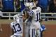 DETROIT, MI - DECEMBER 02: LaVon Brazill #15 of the Indianapolis Colts celebrates his late fourth quarter touchdown with T.Y. Hilton #13 and Donnie Avery #11 against the Detroit Lions at Ford Field on December 2, 2012 in Detroit, Michigan. The Colts won 35-33 (Photo by Dave Reginek/Getty Images)
