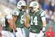 EAST RUTHERFORD, NJ - DECEMBER 02: Greg McElroy #14 of the New York Jets celebrates a call in favor of the Jets with teammate Stephen Hill #84 on December 2, 2012 at MetLife Stadium in East Rutherford, New Jersey. The New York Jets defeated the Arizona Cardinals 7-6.(Photo by Elsa/Getty Images)