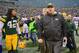 December 2, 2012; Green Bay, WI, USA; Green Bay Packers head coach Mike McCarthy walks off the field with safety Morgan Burnett (42) after game against the Minnesota Vikings at Lambeau Field. The Packers beat the Vikings 23-14. Mandatory Credit: Benny Sieu-USA TODAY Sports