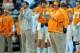 Nov 24, 2012; Knoxville, TN, USA; Tennessee Volunteers interim head coach/offensive coordinator Jim Chaney and quarterback Justin Worley (14) during the game against the Kentucky Wildcats at Neyland Stadium. Tennessee won by a score of 37 to 17. Mandatory Credit: Randy Sartin-USA TODAY Sports