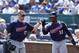 KANSAS CITY, MO - SEPTEMBER 2: Chris Parmelee #27 of the Minnesota Twins celebrates with Alexi Casilla #12 after hitting a home run in the second inning of the game against the Kansas City Royals at Kauffman Stadium on September 2, 2012 in Kansas City, Missouri. (Photo by Joe Robbins/Getty Images)