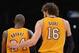 LOS ANGELES, CA - NOVEMBER 27: Kobe Bryant #24 of the Los Angeles Lakers and Pau Gasol #16 talk during a 79-77 Indiana Pacers win at Staples Center on November 27, 2012 in Los Angeles, California. NOTE TO USER: User expressly acknowledges and agrees that, by downloading and or using this photograph, User is consenting to the terms and conditions of the Getty Images License Agreement. (Photo by Harry How/Getty Images)
