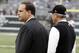 Dec 2, 2012; East Rutherford, NJ, USA; New York Jets general manager Mike Tannenbaum (left) and head coach Rex Ryan before the game against the Arizona Cardinals at Metlife Stadium. Mandatory Credit: William Perlman/THE STAR-LEDGER via USA TODAY Sports